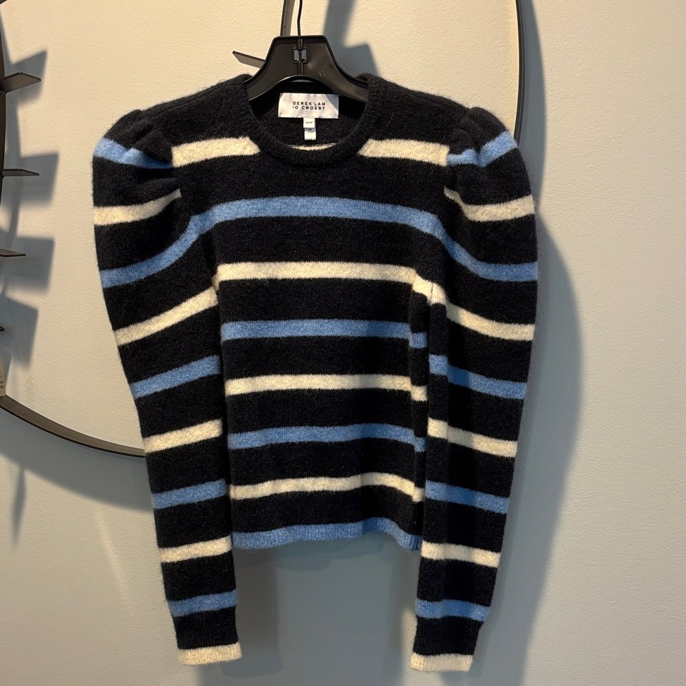 Striped Puff-Sleeve Sweater in Black, Blue & Cream